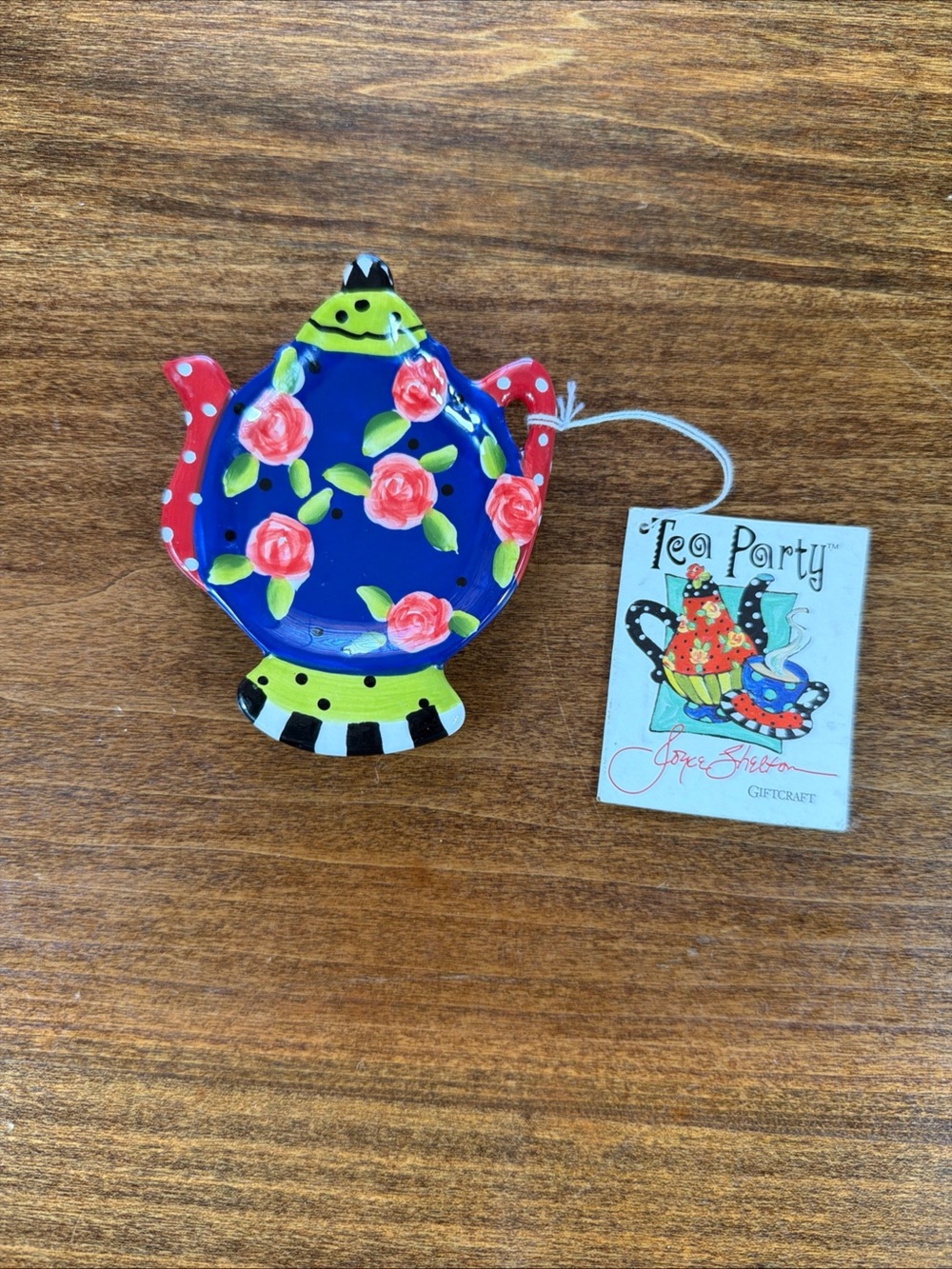 Joyce Shelton Tea Party Teapot Trinket Dish - Blue with Pink Roses